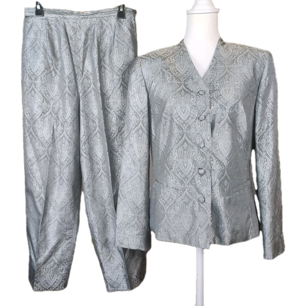 Travis Ayers 2pc Silk Jacket + Pant Suit‎ Womens 10 Sage Green Paisley Occasion